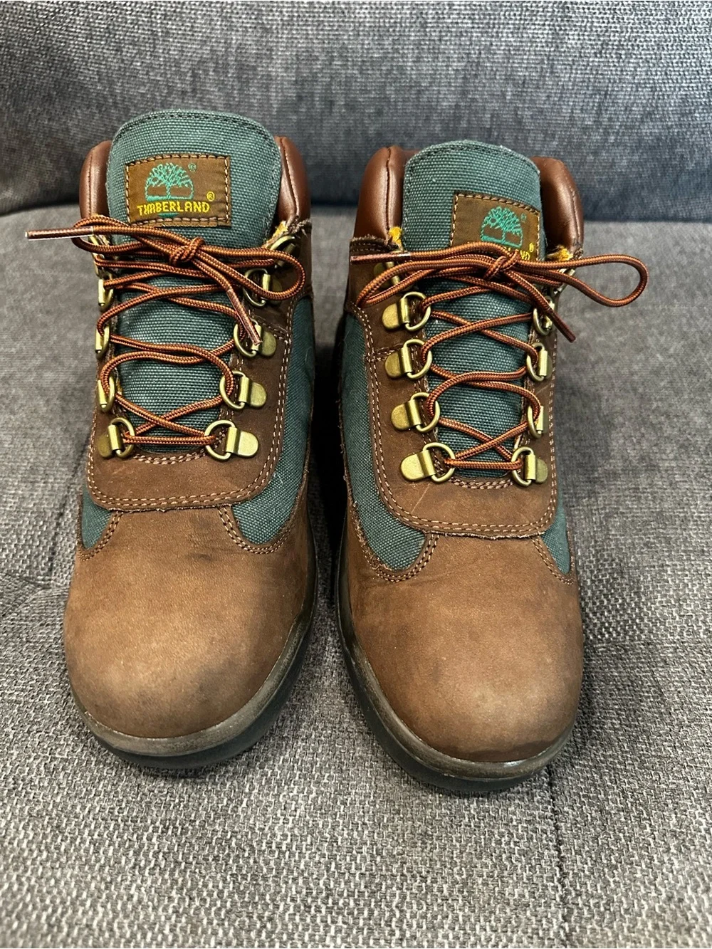 Timberland Brown and Green Fabric Hiking Boots Beef and Broccoli Boys Size 4.5
